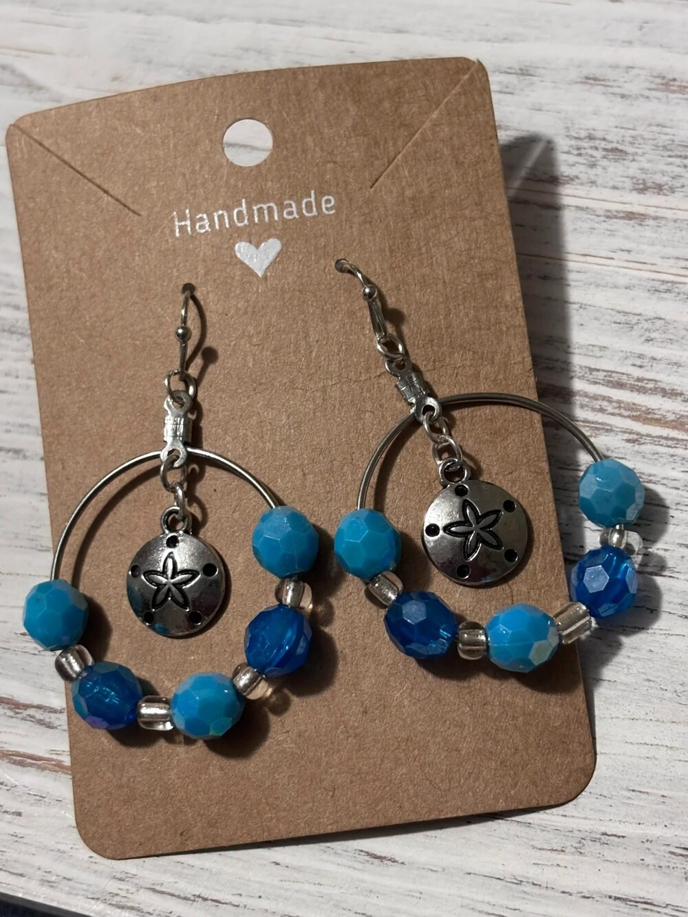 Handmade Sand Dollar Blue Beaded Hoop Dangle Earrings